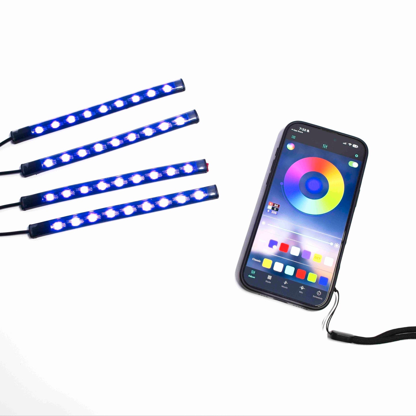 RGB Car Interior Atmosphere Light Kit – 8-Color LED Footwell Lighting with Voice Control, Music Sync & APP Remote