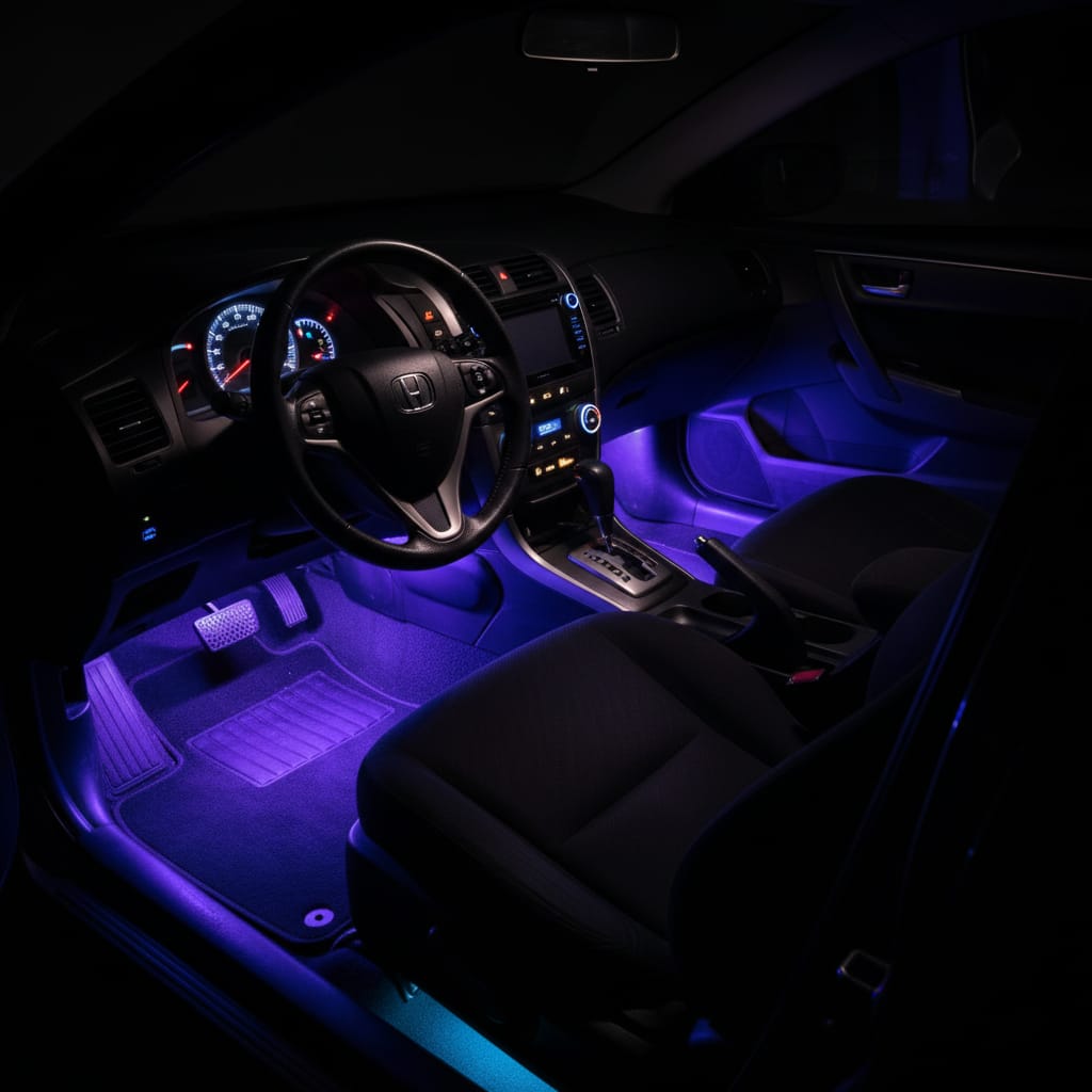 RGB Car Interior Atmosphere Light Kit – 8-Color LED Footwell Lighting with Voice Control, Music Sync & APP Remote